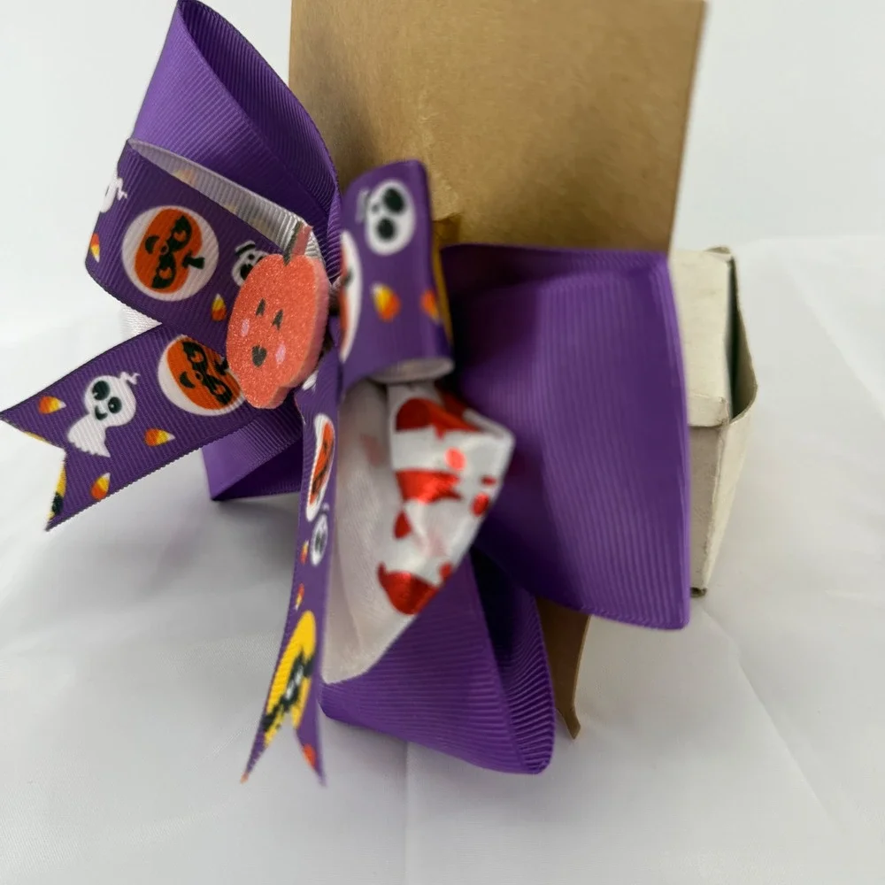 Halloween‎ Hair Bow Purple Grosgrain Ribbon Pumpkin Ghost Bat Hair Clip